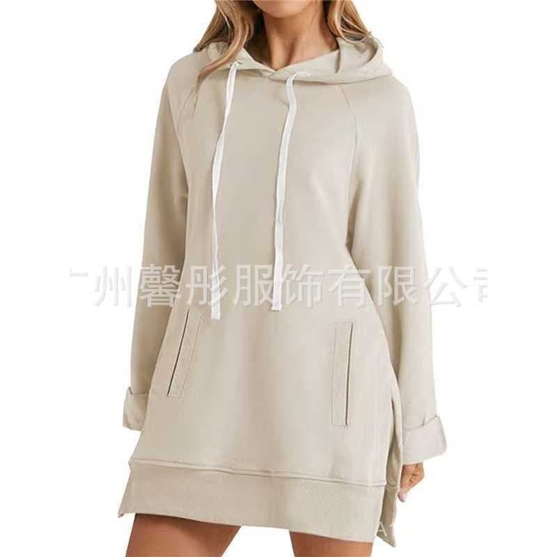 2025 cor sólida outono inverno com capuz bolso fenda forro de lã moletom longo feminino.