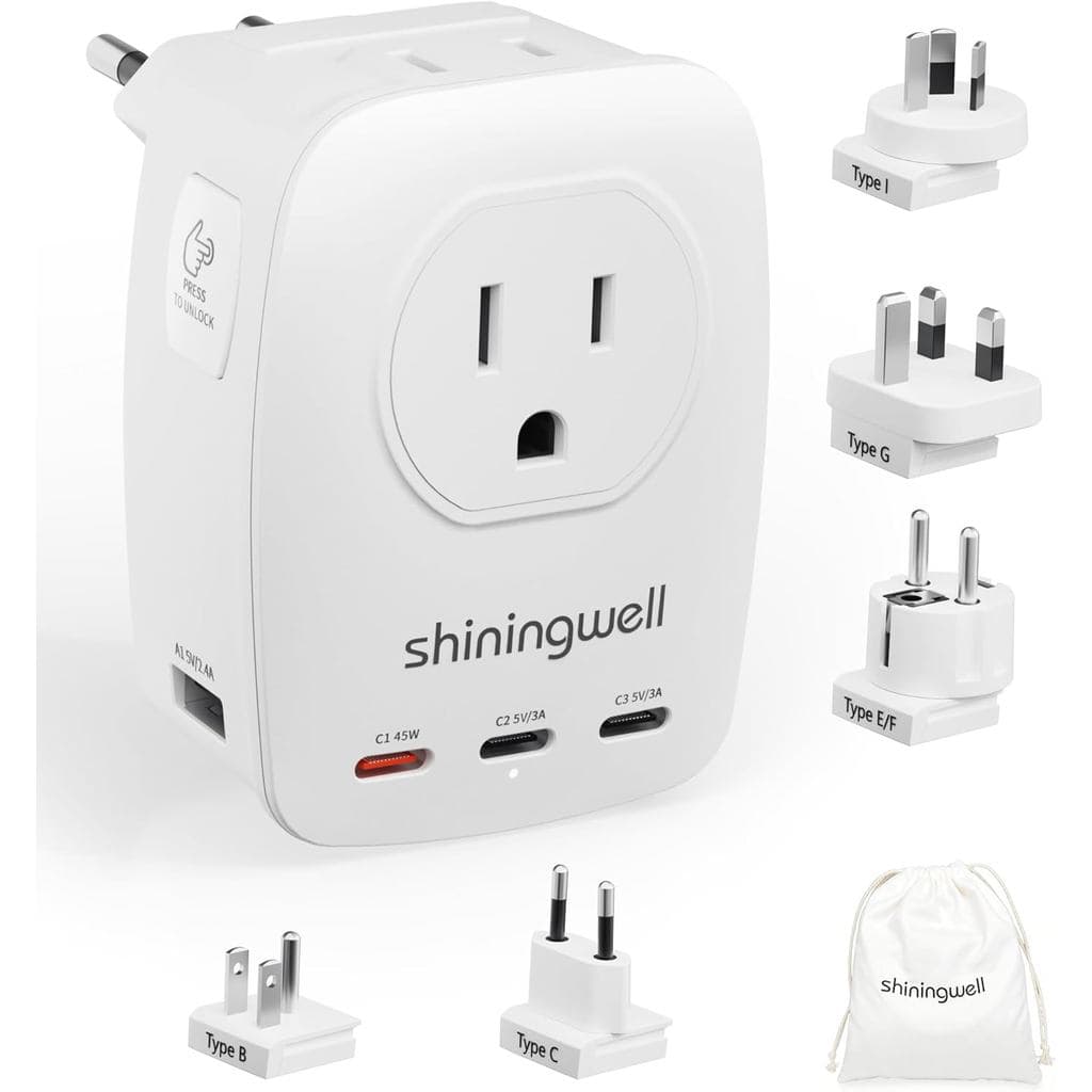 Adaptador de Viagem Universal GaN de 45W, Adaptador de Energia Internacional 7 em 1 de 2000W com 3 USB-C (45W PD)/2 USB-