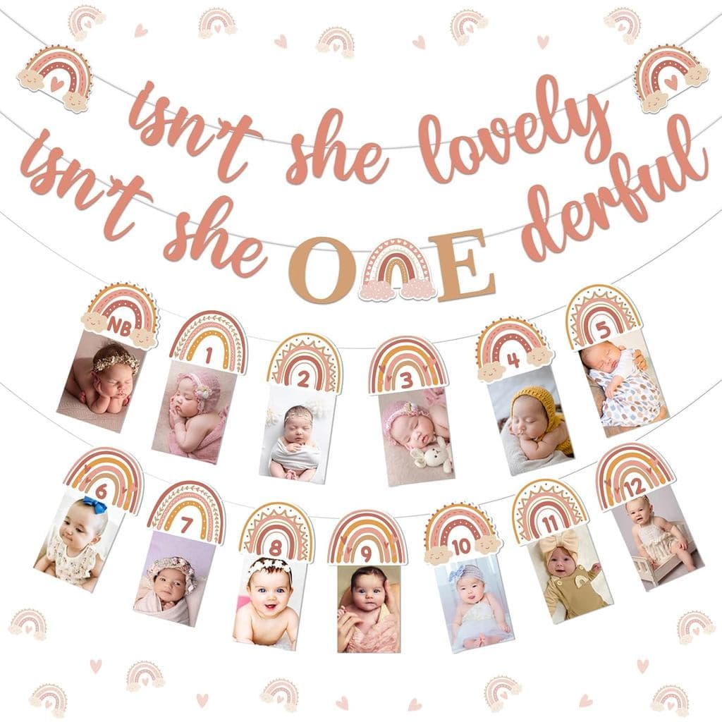 Decorações Boho para o Primeiro Aniversário: "Ela é linda, não é?" "Ela é maravilhosa, não é?" Faixa de Fotos Boho Arco-