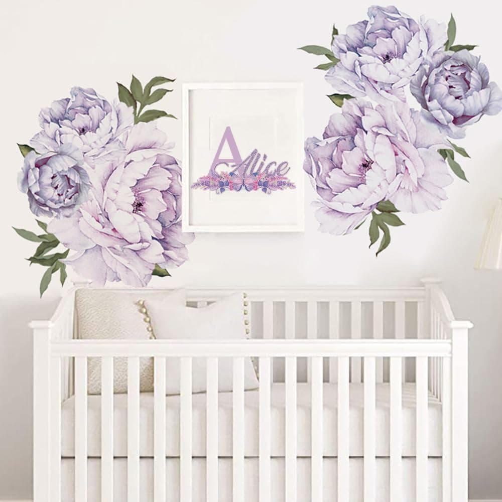 Adesivos de Parede com Flores Roxas Runtoo, Decoração de Parede Boho com Peônias para Quarto de Meninas, Sala de Estar,