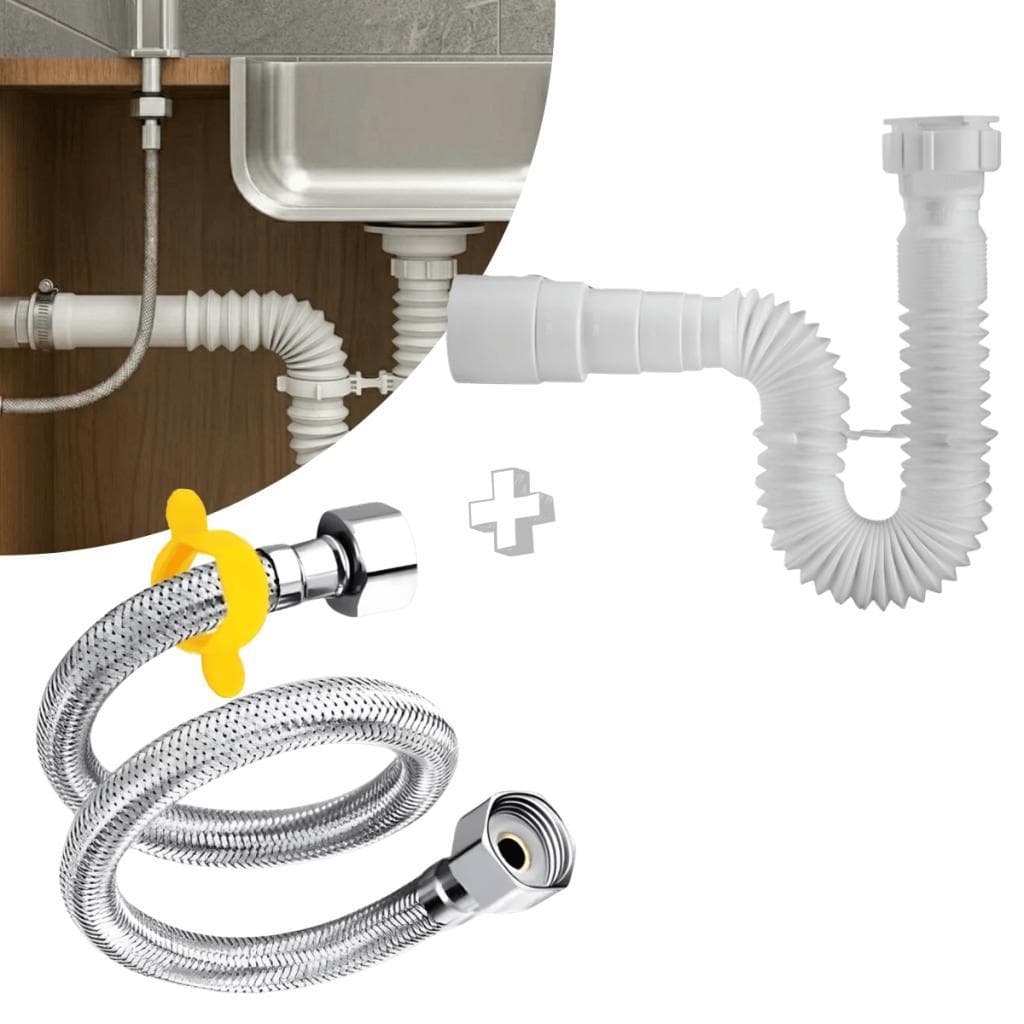 Kit Instalação Banheiro Sifão Universal 70cm Branco + Engate Flexível Inox 60cm 1/2 Trançado