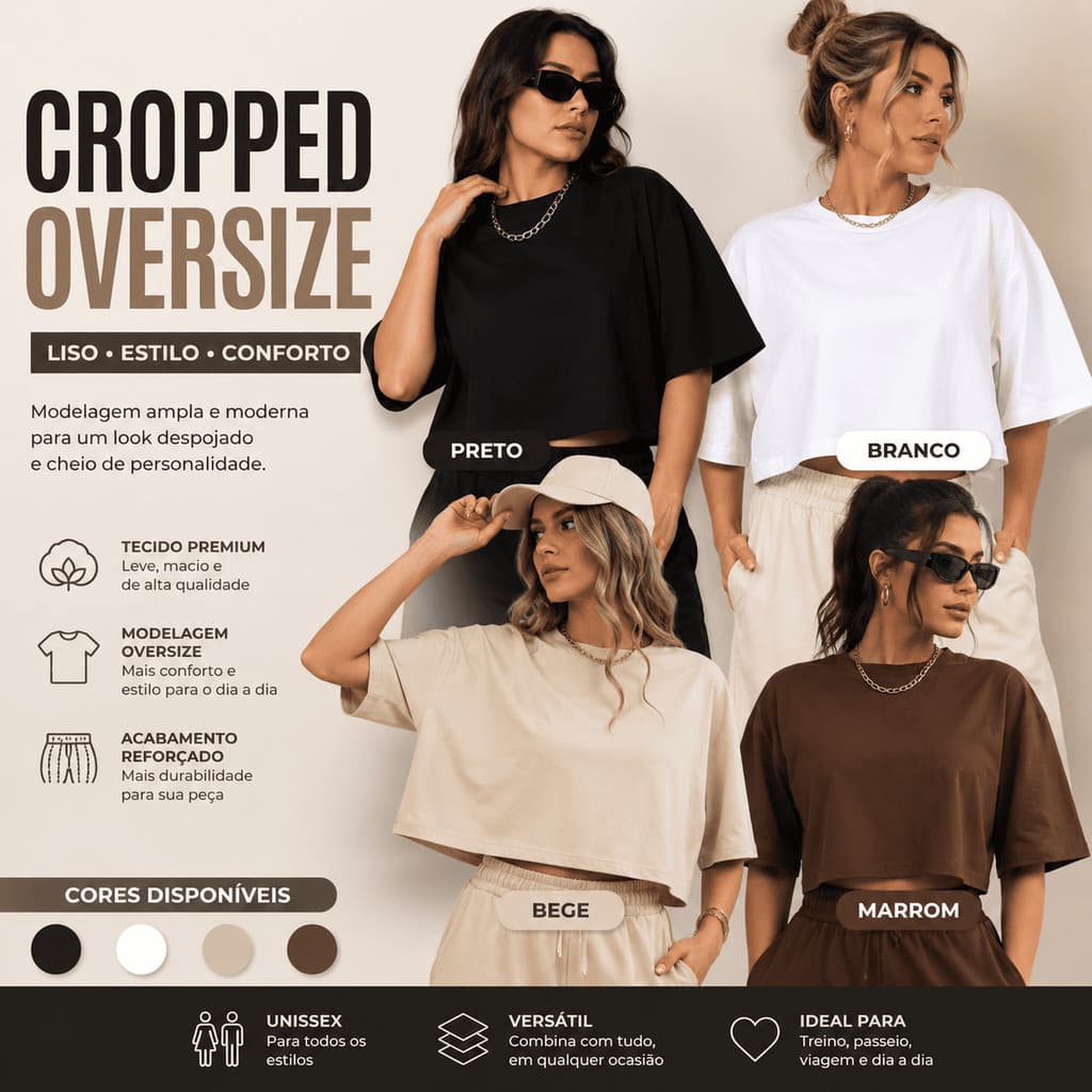 Cropped Oversized Feminino Liso – Conforto, Estilo e Qualidade