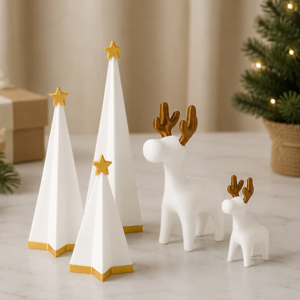 Decoração Natalina Kit 2 Renas e 3 Árvores Enfeite Mesa Sala Aparador