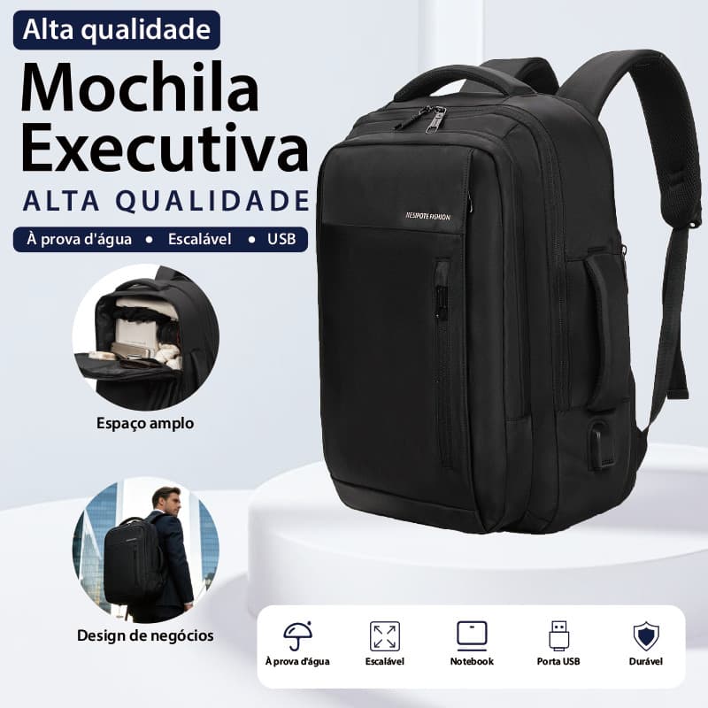 Mochila Expansível 25~40L Viagem Cabine Notebook 15.6" Porta USB Mochila Executiva Preta