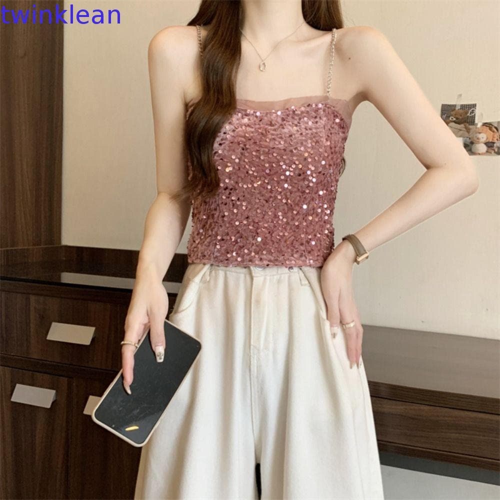 Colete De Lantejoulas Brilhantes TWINKLEAN , Top Curto , Camisola Fina Sem Mangas , Camisa De Fundo Brilhante Para Festa