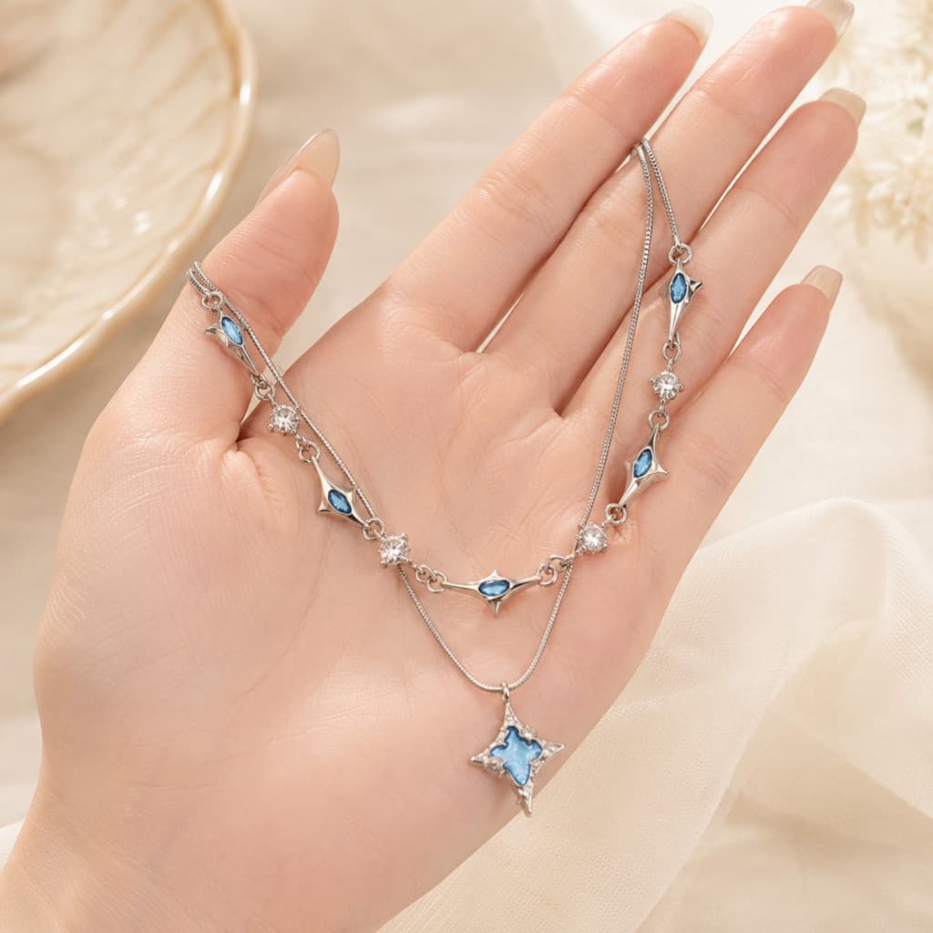 Colar Feminino Estrela Azul com Cristais Brilhantes Corrente Dupla Estilo Elegante e Delicado