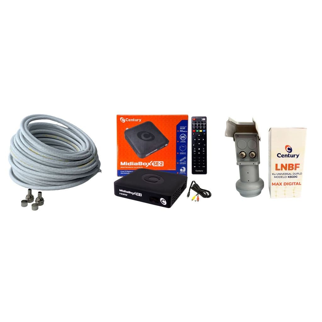 Kit Receptor Midiabox SE-2 Century com Lnbf Duplo e kit cabo 15 mts
