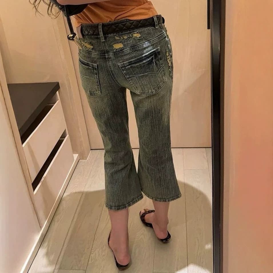 [Novo produto] American Retro Tamanho Grande Lavado Angustiado Queimado Denim Calças Cortadas Femininas Hot Girl Cintura