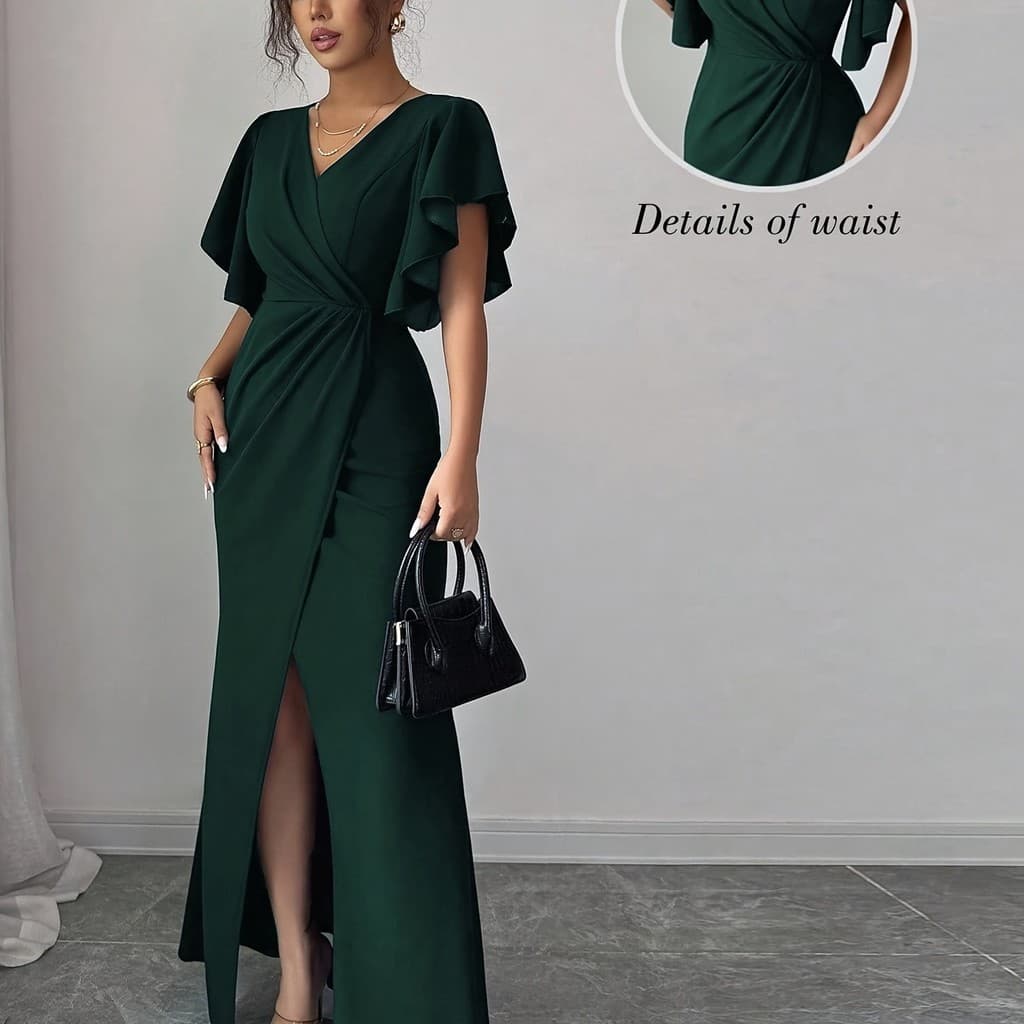 Pronto estoque Transporte rápido feminino elegante romântico babados manga com decote em V cintura estreita ajuste fino