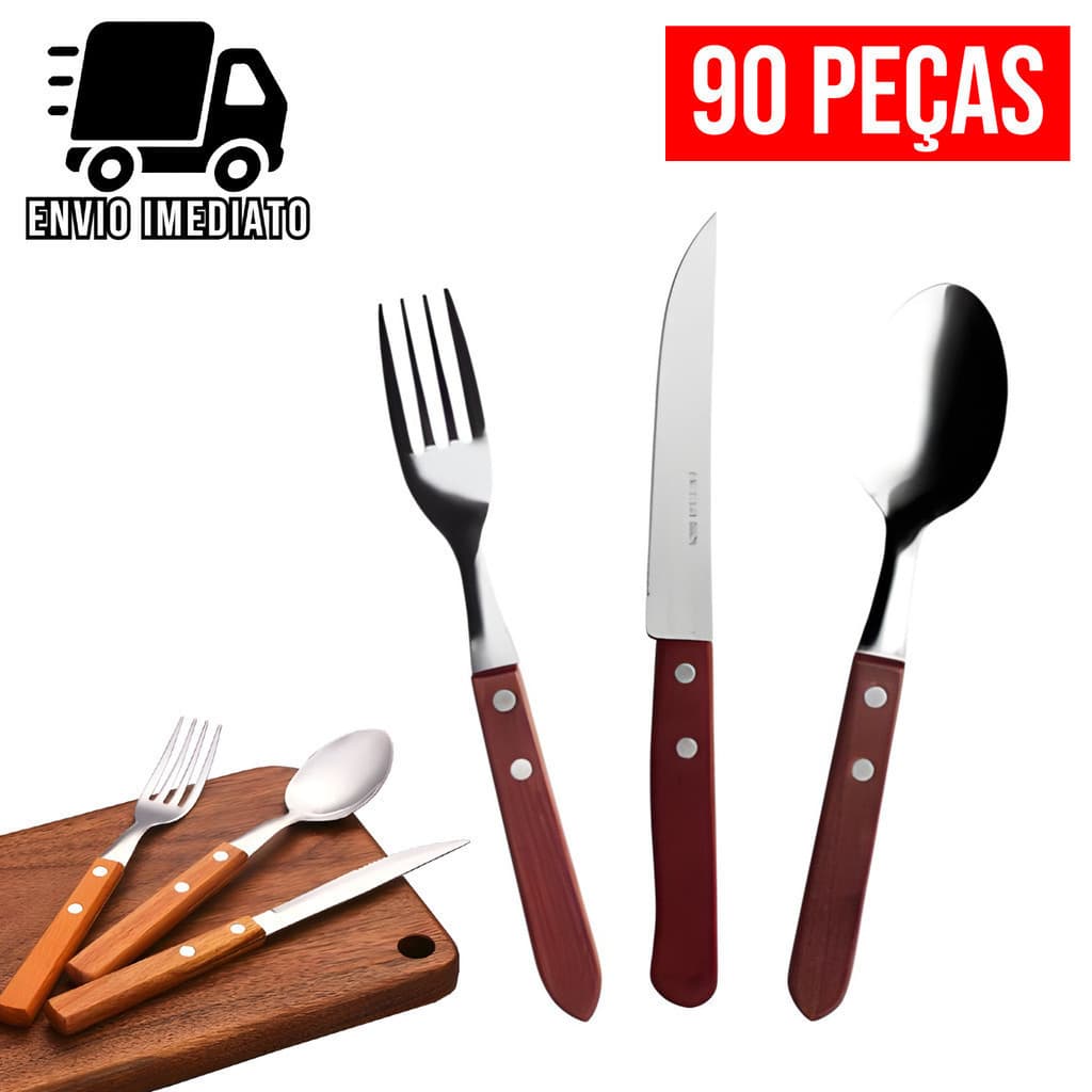 Jogo de Talheres 90 Peças Cabo de Madeira Aço Inox Faca de Ponta Colher e Garfo Wood Bambu