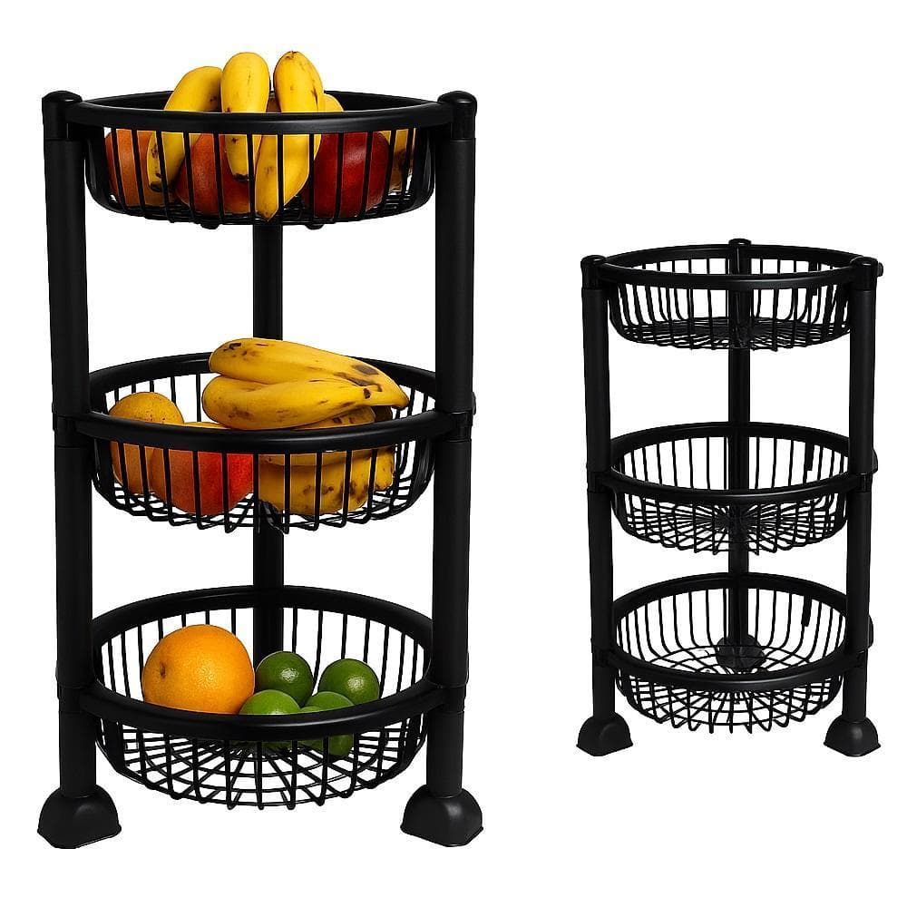 Organizador Chao 3 Prateleiras Fruteira Multiuso Desmontavel Redonda Cesto Cozinha Banheiro Lavanderia Preta