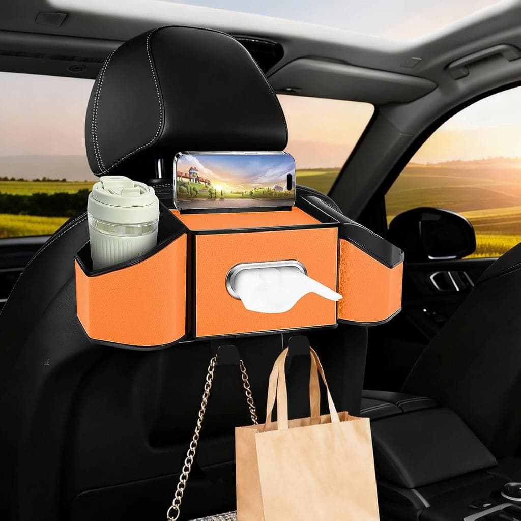 Organizador 7 em 1 para Encosto de Banco de Carro com Porta-Copos, Caixa de Lenços, Lixeira e Ganchos, Organizador Multi