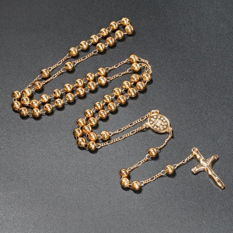 Colar De Rosário Com Contas Redondas De Metal , Ouro , Prata , Medalha Da Virgem Maria , Crucifixo , Pingente De Cruz ,