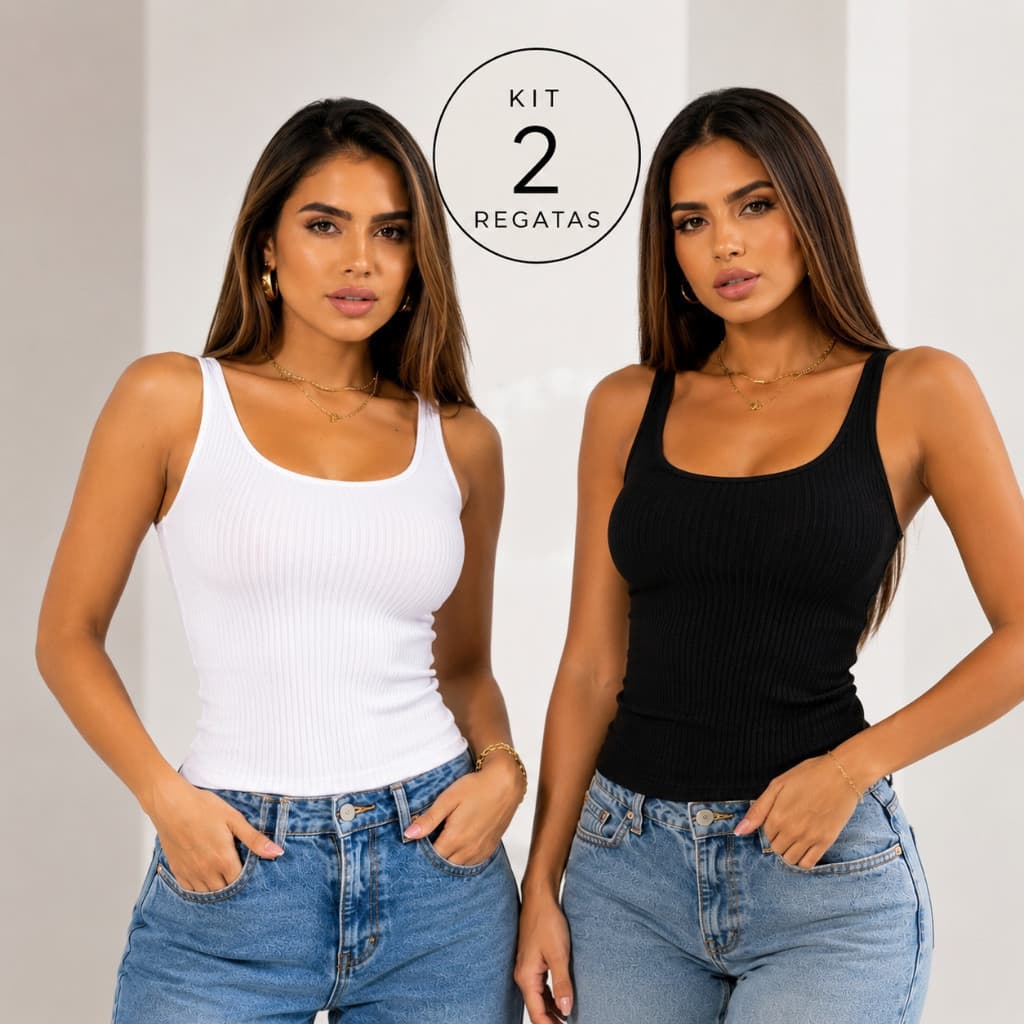Kit com 2 Regatas Basicas Caneladas Moda Casual Tecido Macio e Confortavel