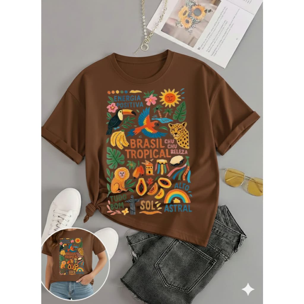 Camiseta Básica Verão Feminina Estampada Brasil Tropical PROMOÇÃO DE LANÇAMENTO