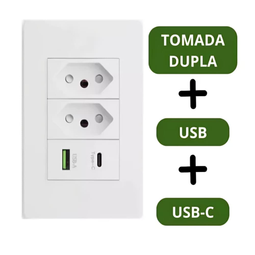 1/2/3 Tomada de Parede Dupla Com Entrada Usb e tipo C 5V Bivolt - 4 em 1 Carregamento Rápido Multi Carregamento