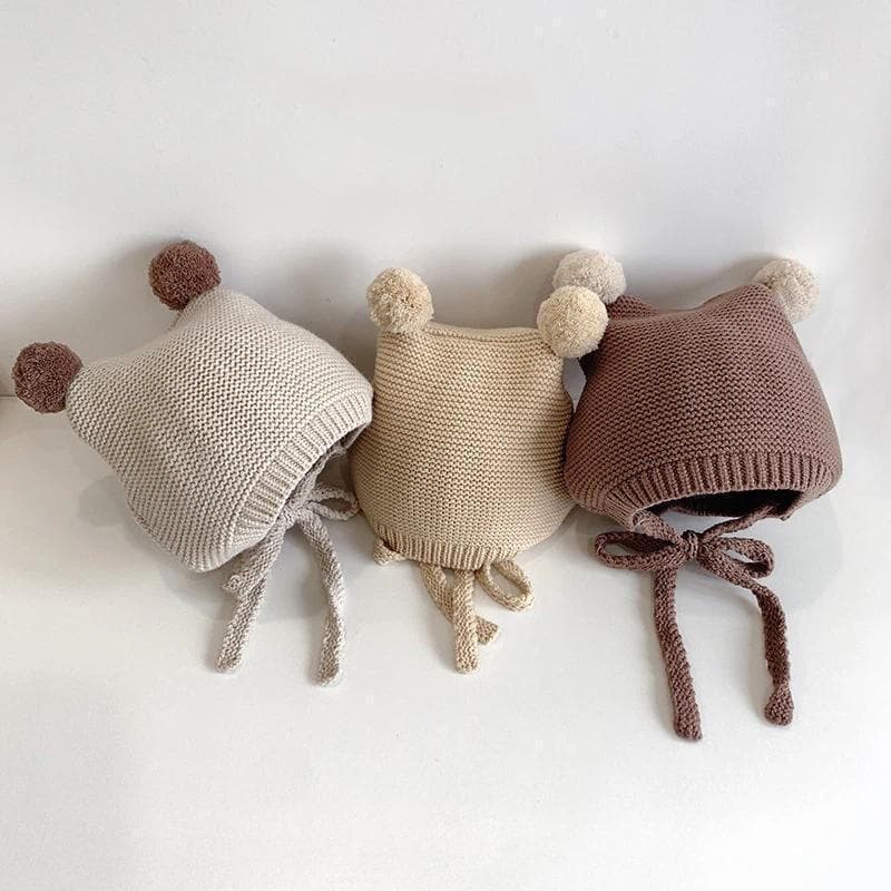 Chapéu De Proteção De Orelha De Bebê Inverno Quente Criança Malha 2-24 Meses Infantil Lã Crochê Gorro Bola Dupla Criança