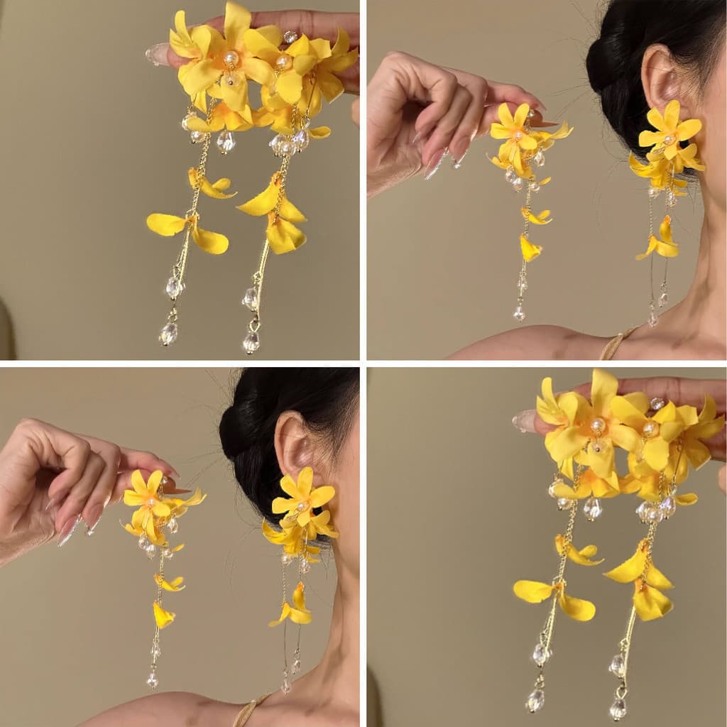 Brincos De Borla Floral De Verão-Pendurados De Flor Amarela Para Férias