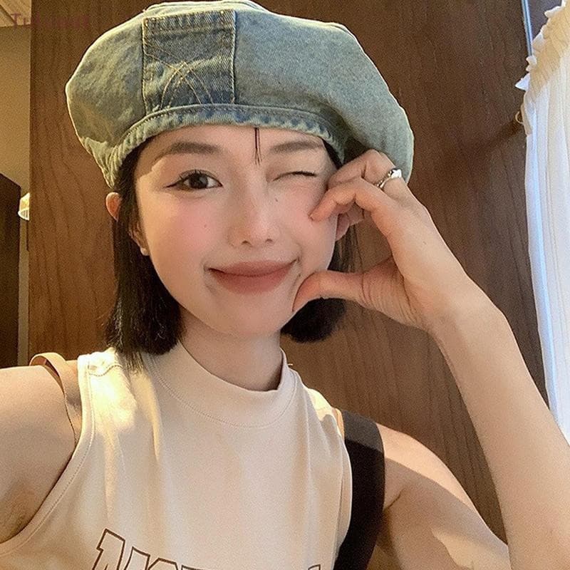 Chapéu de Moda Y2K Estilo Coreano Chapéu de Pintor Feminino Boina Jeans Chapéu Hip-Hop Chapéu Retro para Meninas BR E19L