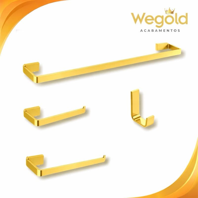 Kit Quadrado Dourado 4 Peças Luxo Para Banheiro Alumínio