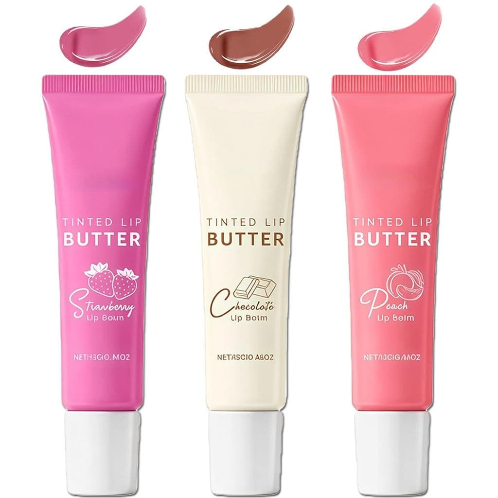 Conjunto de Bálsamos Labiais Coloridos, 3 Unidades de Manteiga Labial Hidratante com Morango, Chocolate e Pêssego, Conju