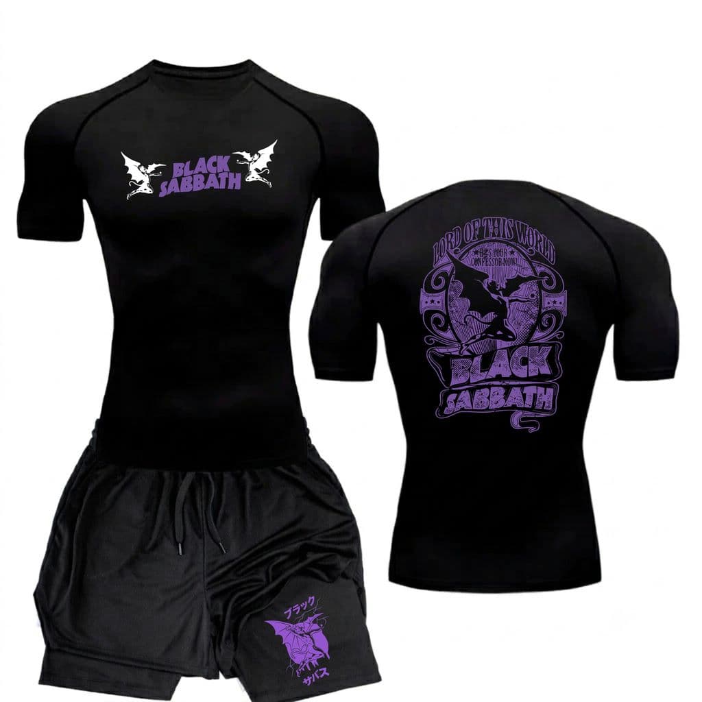 Kit Camiseta compressão + Bermuda Compressão Dry-Fit Arte Black Sabbath Mode Geek Gym Fitness