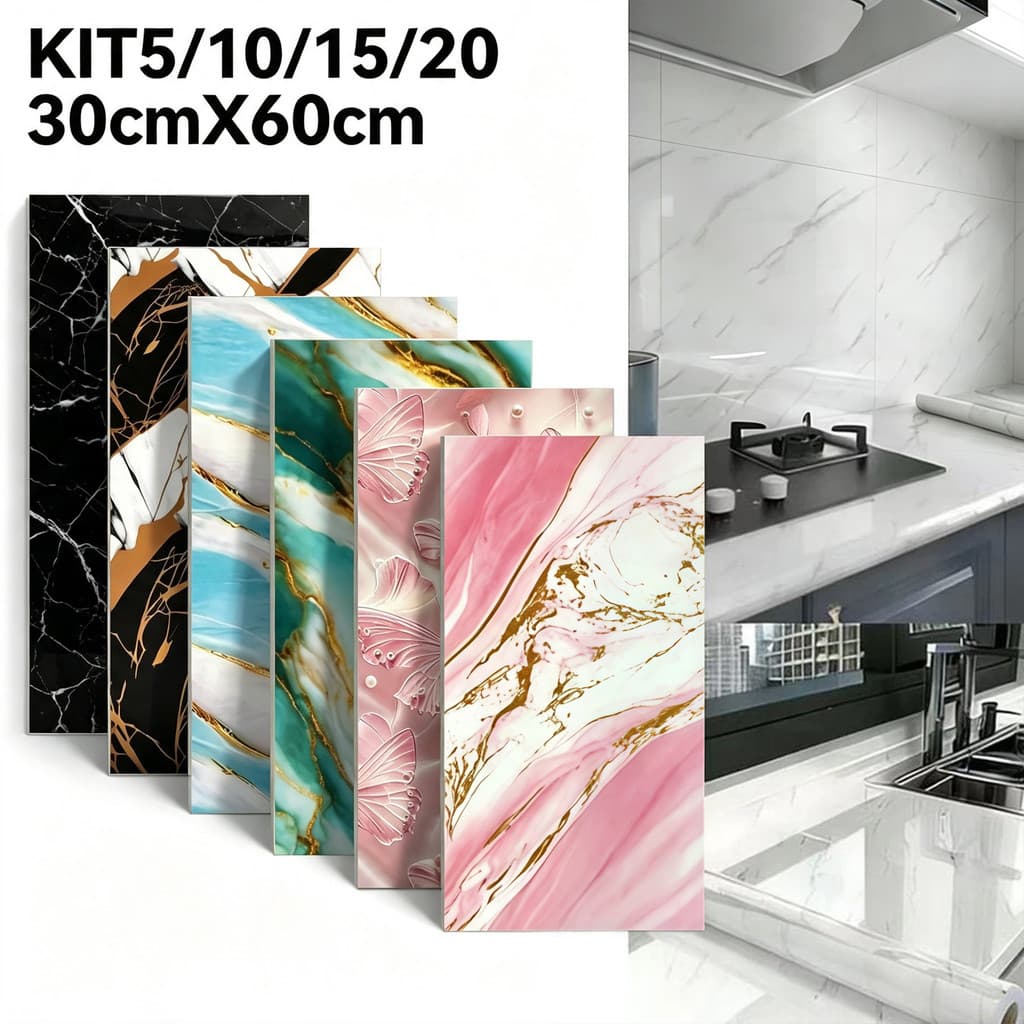Kit5/10/15/20 Placas Adesivas 30x60cm Mármore Dourado Autoadesivo Impermeável Revestimento Parede Cozinha Banheiro