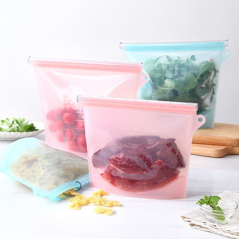 Saco de silicone para manter fresco, saco Ziplock de silicone para embalagem de alimentos, multifuncional, à prova de va