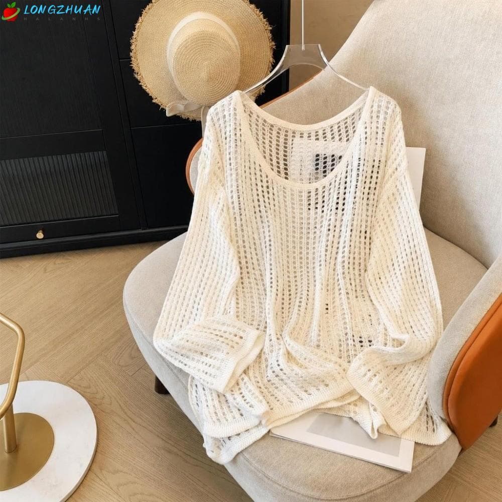 LONNGZHUAN Top De Manga Comprida , Pulôver Solto De Malha Com Gola Redonda , Blusa Versátil De Proteção Solar Vazada