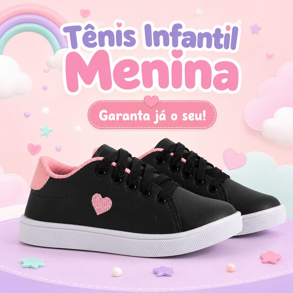Tênis Infantil Menina Casual Coração Confortável Leve Resistente Original Passeio e Escola Diária 25/34