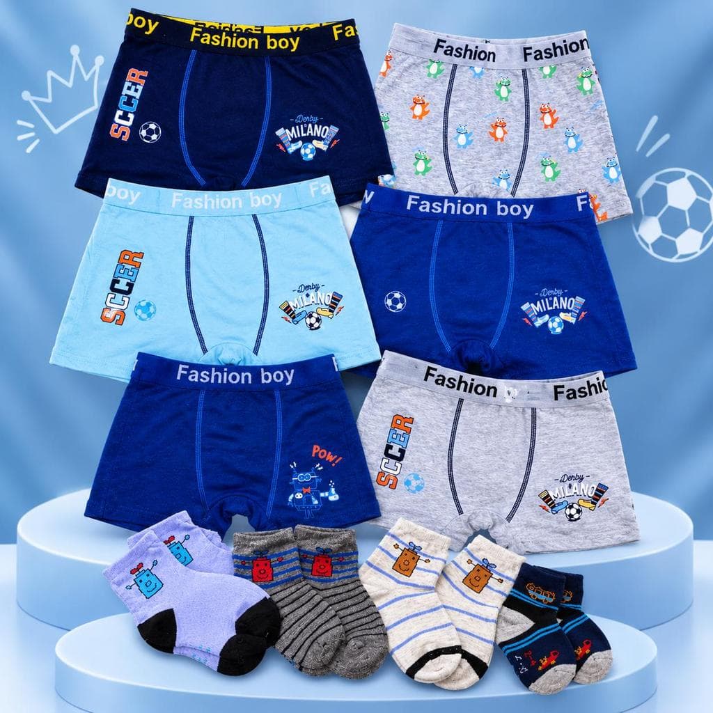 Kit Cueca Boxer Infantil + Meias Menino Confortáveis Macias Estampadas
