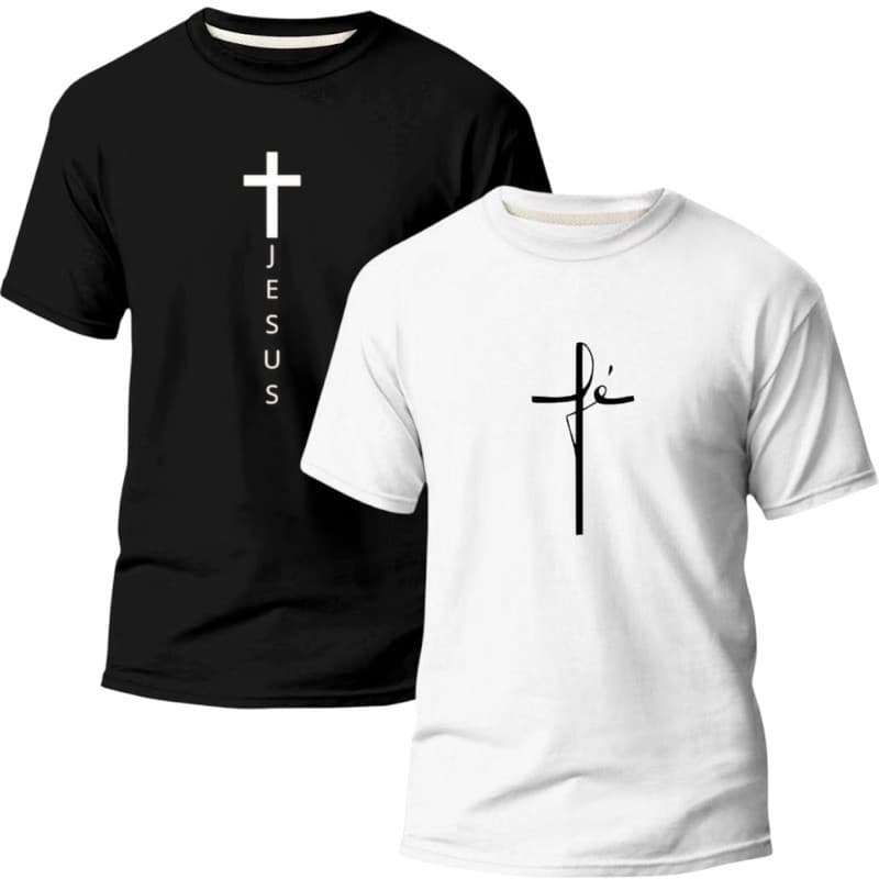 Kit 2 camisas Jesus Fé 100% algodão 30.1