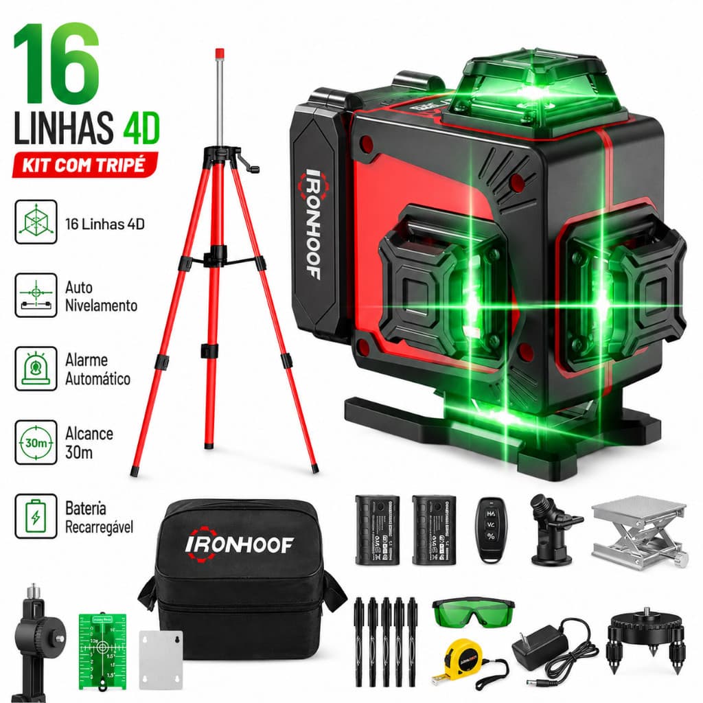 Nível Laser Profissional 16/2 Linhas Com Tripé Verde Autonivelante