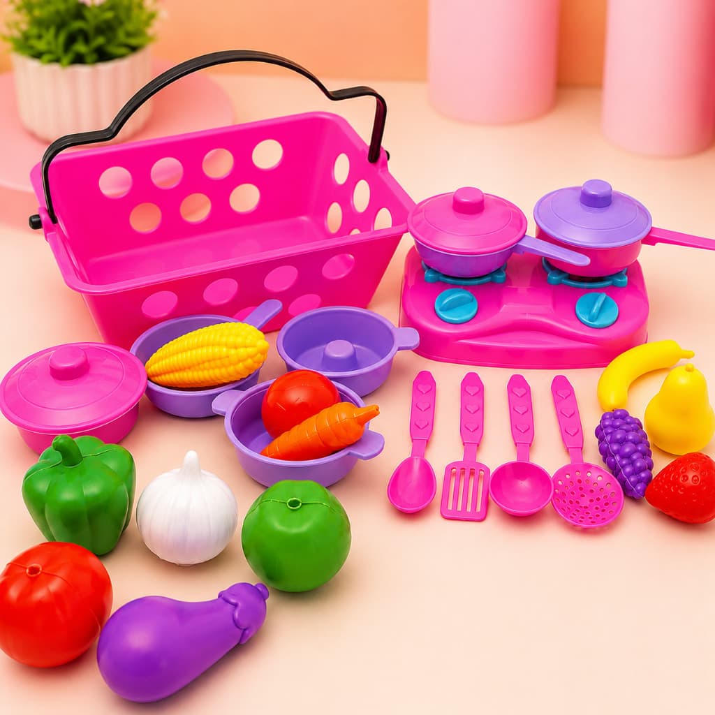 Kit Panelinha de Brinquedo Faz de conta com fogão e frutinha com cestinha criança