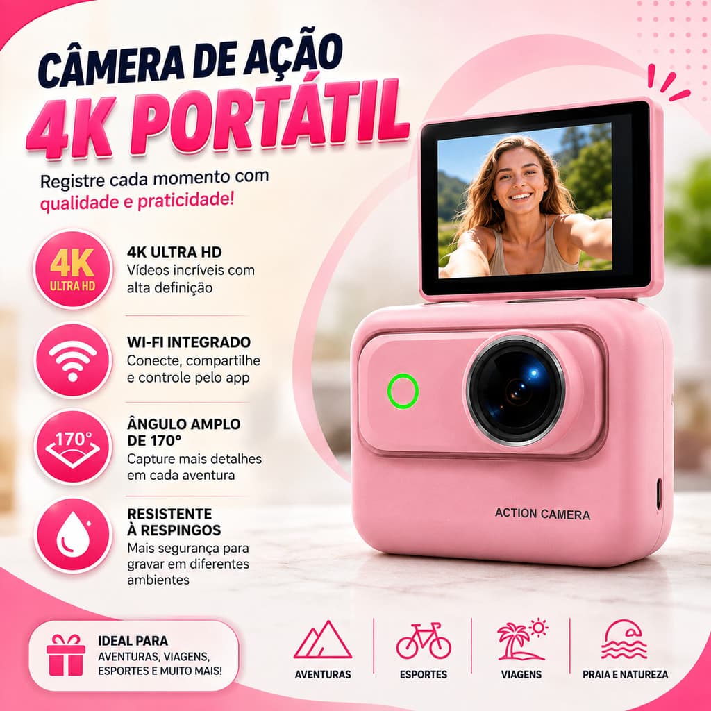 Camera De Acao 4K Ultra HD Portatil A Prova Dagua Esportiva Digital Video HD Gravacao Magnetica Sports Filmadora Top
