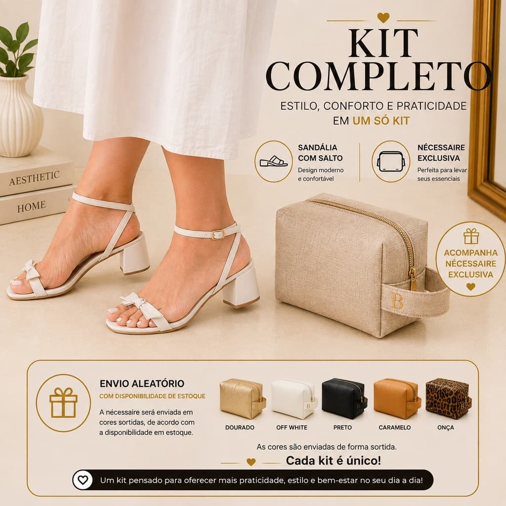 Sandália Feminina Salto Bloco Médio Laço Bico Quadrado Casual Conforto Elegante com Necessaire