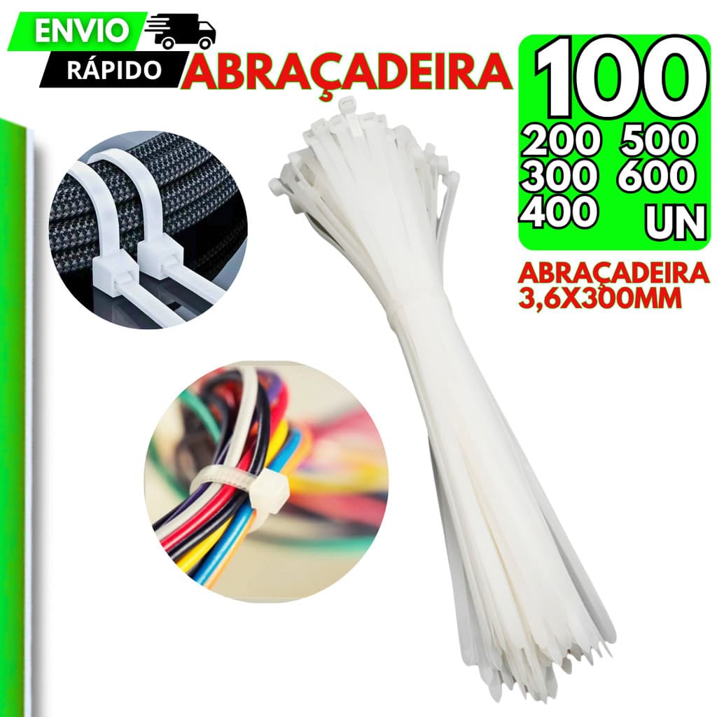 Abraçadeira Nylon 300x3,6mm Fita Hellermann Organização de Fios Enforca Gato Cintas Plásticas Branca