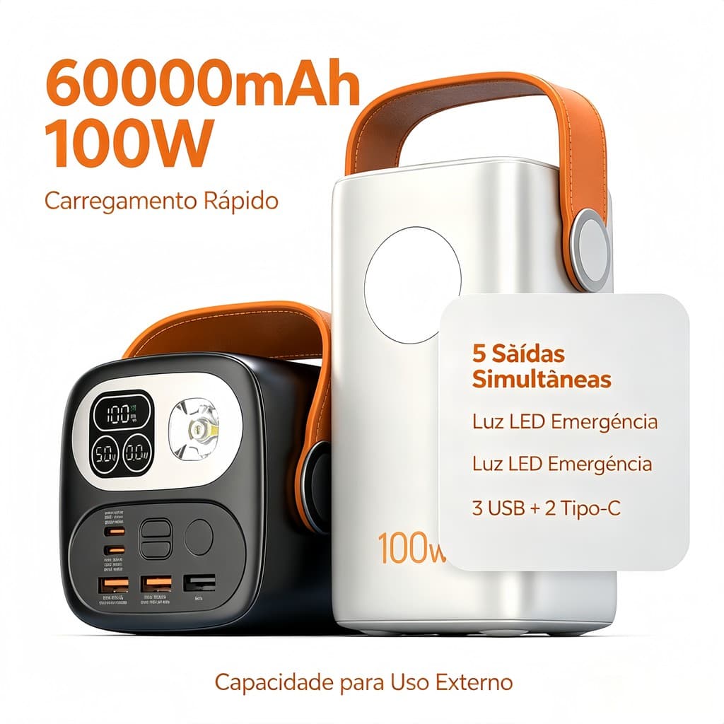 Carregador Portátil 60000mAh, Carregamento Rápido PD 100W, Compatível com Notebook, Celular
