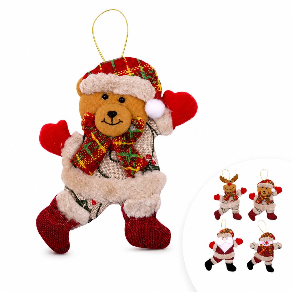 Enfeite Pendente de Natal Pelúcia Poliéster 17x12cm Personagens Sortidos para Árvore Decoração