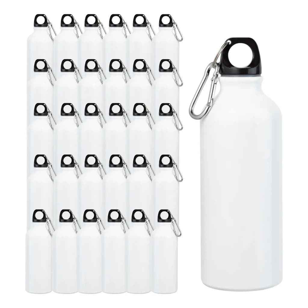 Kit 60 Squeeze Alumínio 600ml Mosquetão Branco Garrafa Para Academia Trabalho Escola Sublimação Personalização
