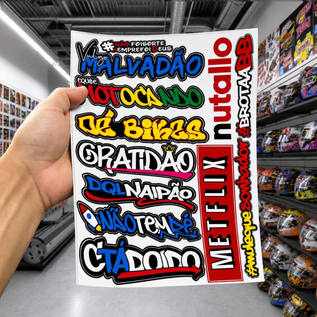 Kit 110 Adesivos Grandes em Vinil – 6 Cartelas Para Carro, Moto, Caminhão e Bike