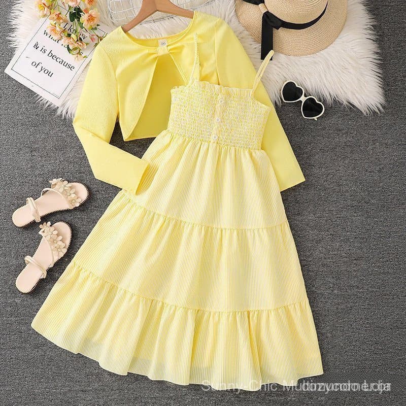 Conjunto para Meninas de 8-12 Anos, Vestido Floral com Suspensórios e Casaco de Manga Longa
