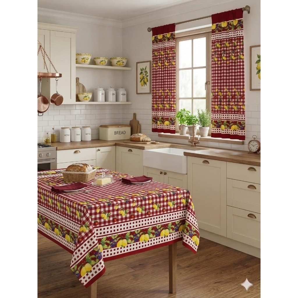 Kit de cozinha estampado Cortina para varão simples e Toalha de mesa de 4 ou 6 lugares estampada
