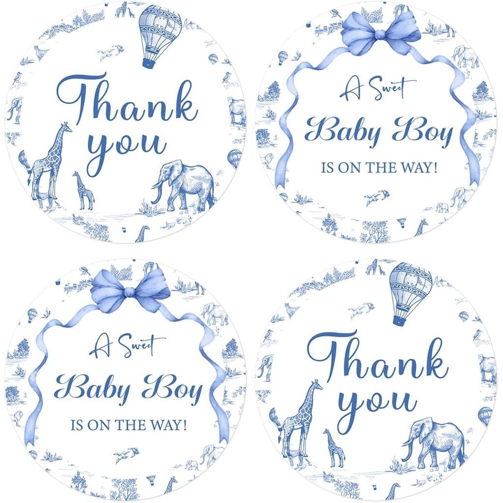 Blue Safari Baby Shower Stickers Safari Animal Theme A Sweet Baby Boy is On The Way Stickers Blue Bow Chinoiserie Vintag