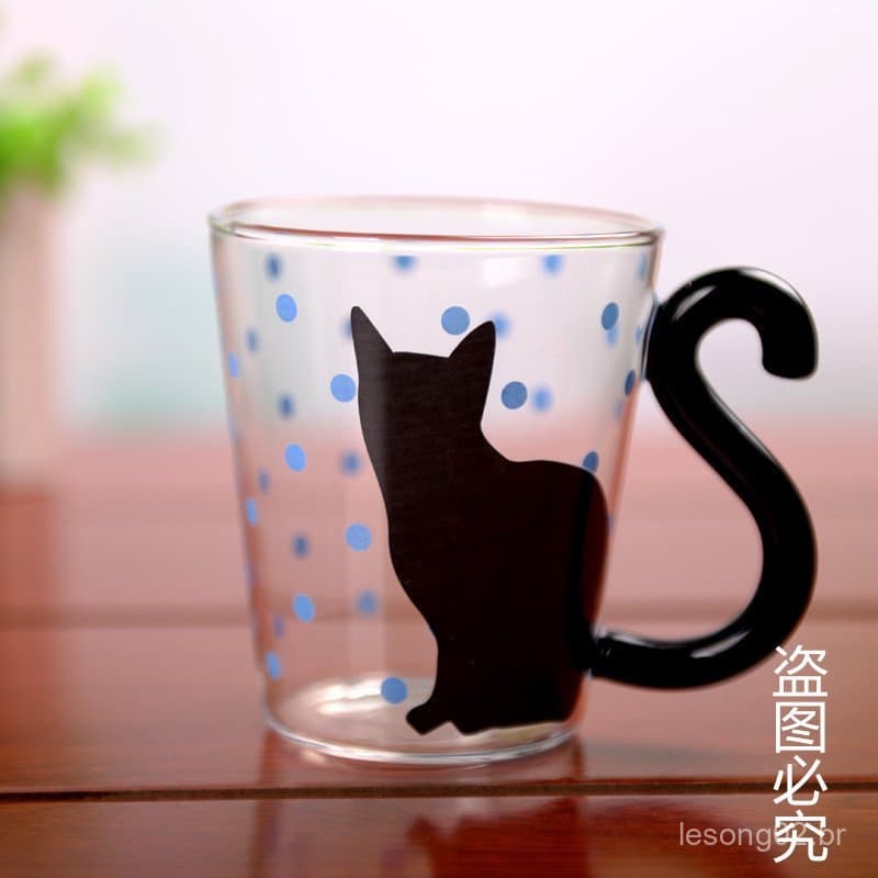 Copo de gato fofo feito à mão, vidro resistente ao calor, vidro criativo, rosa, nó de laço KRCB