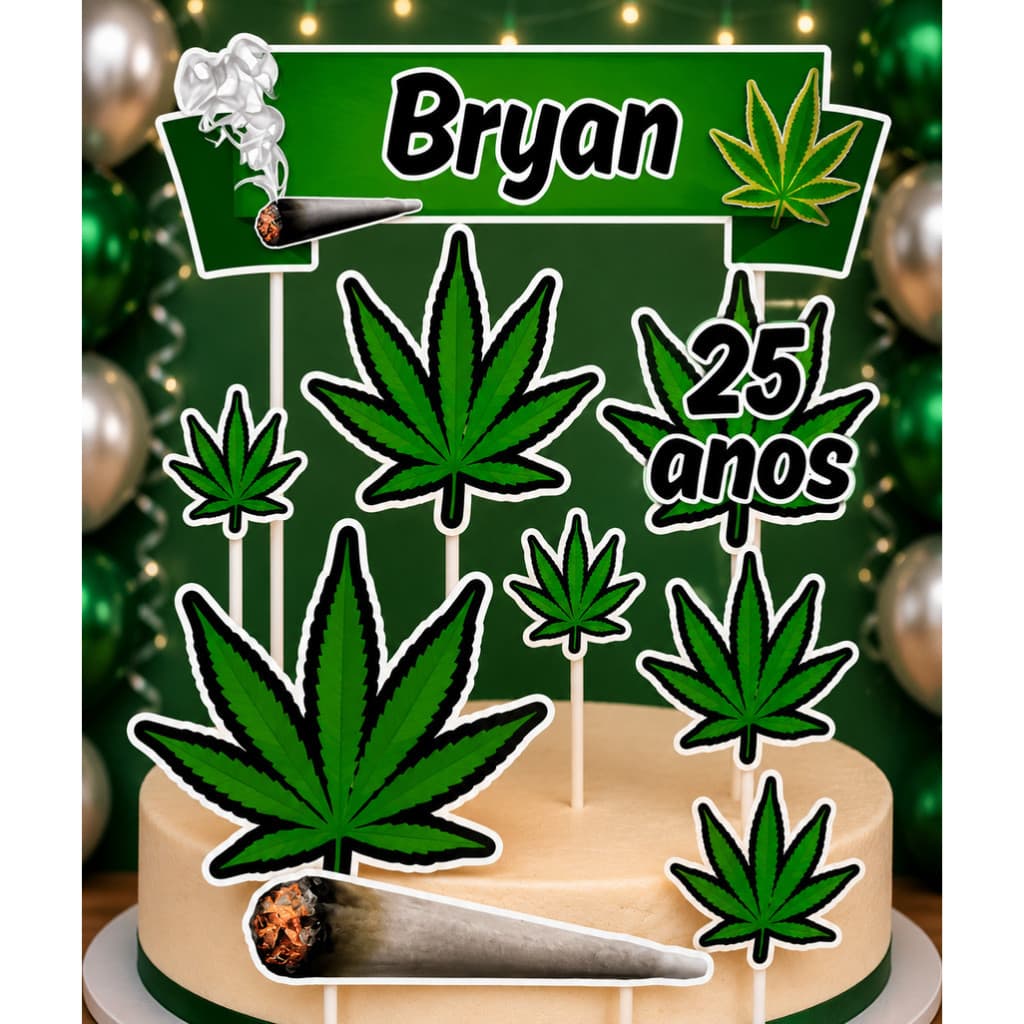 Topo De Bolo Topper Cannabis Personalizado com nome e idade - ENVIO RÁPIDO