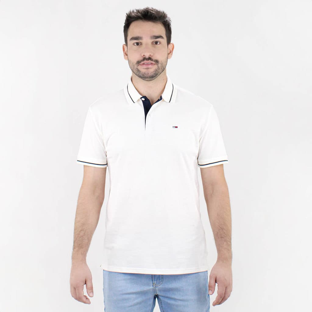 Camiseta Polo Tommy Regular Faixa Contrastante Off White - Masculino