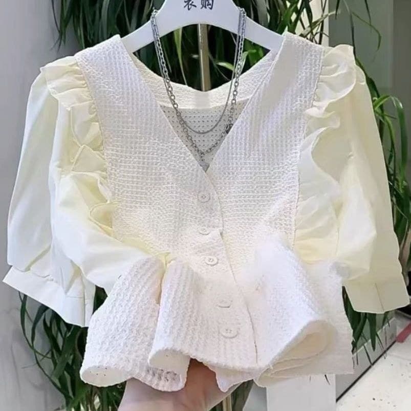 Design sentimento doce curto com decote em V camisa feminina novo estilo estilo fino fungo borda nicho topo jif0629