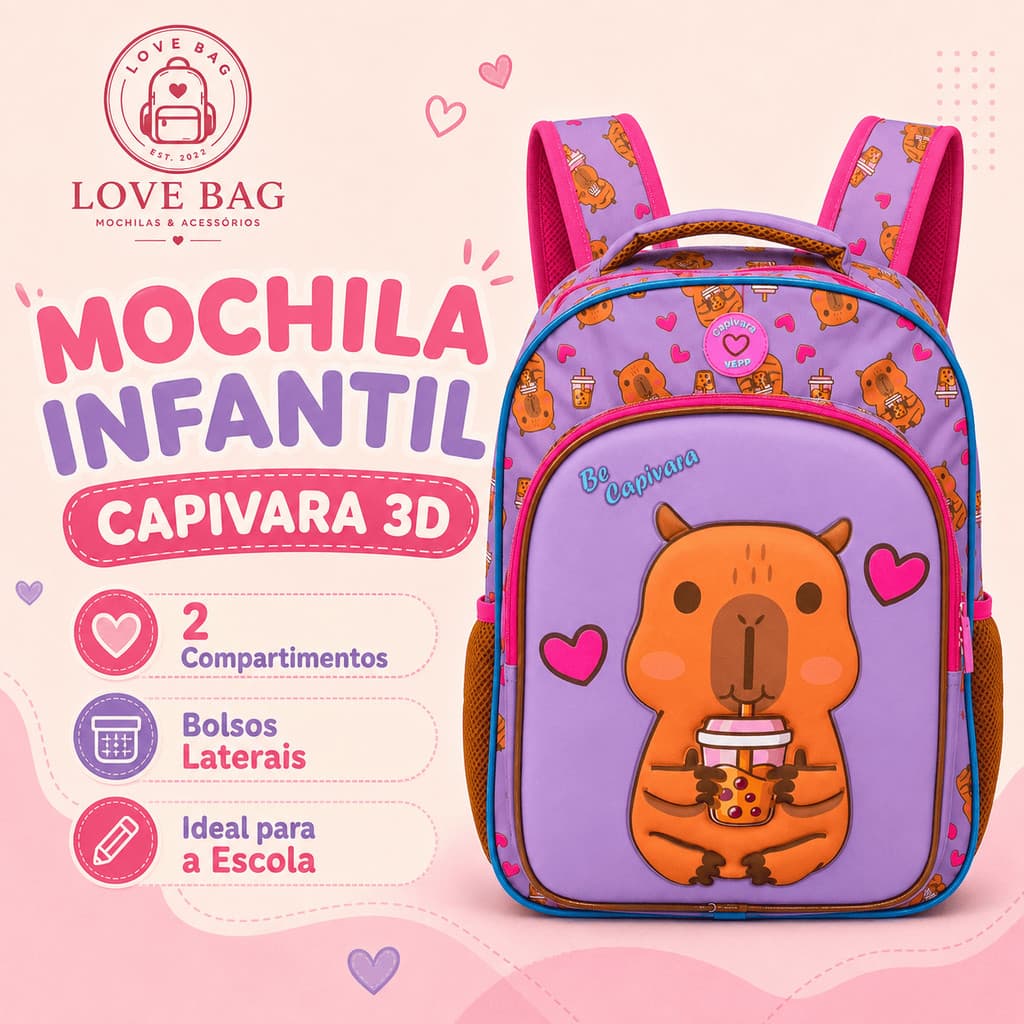 Mochila Infantil Costas 3D Capivara Alto Relevo Tamanho Grande Escolar 2026