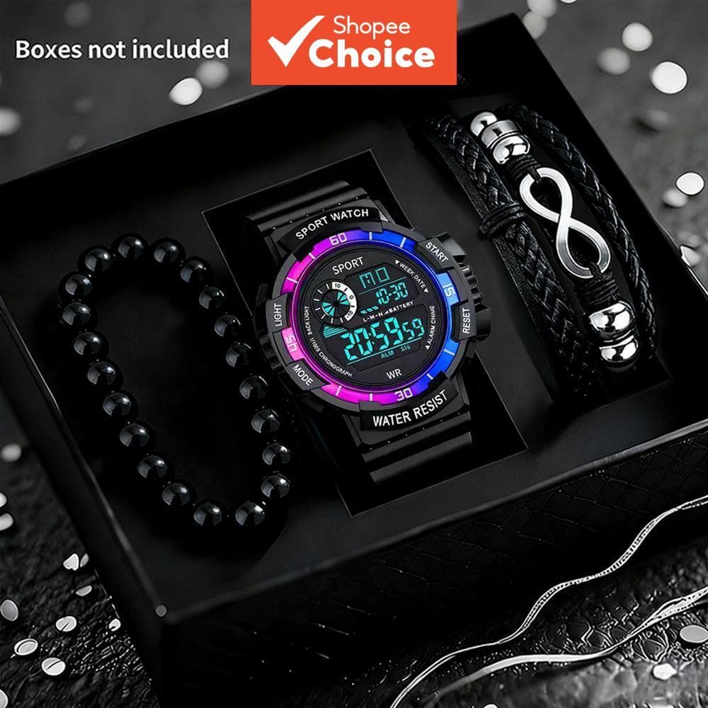 Relógio Digital Masculino 3 Peças Conjunto Multifuncional Luminoso De Pulso Esportivo Com Pulseira Joias Casuais